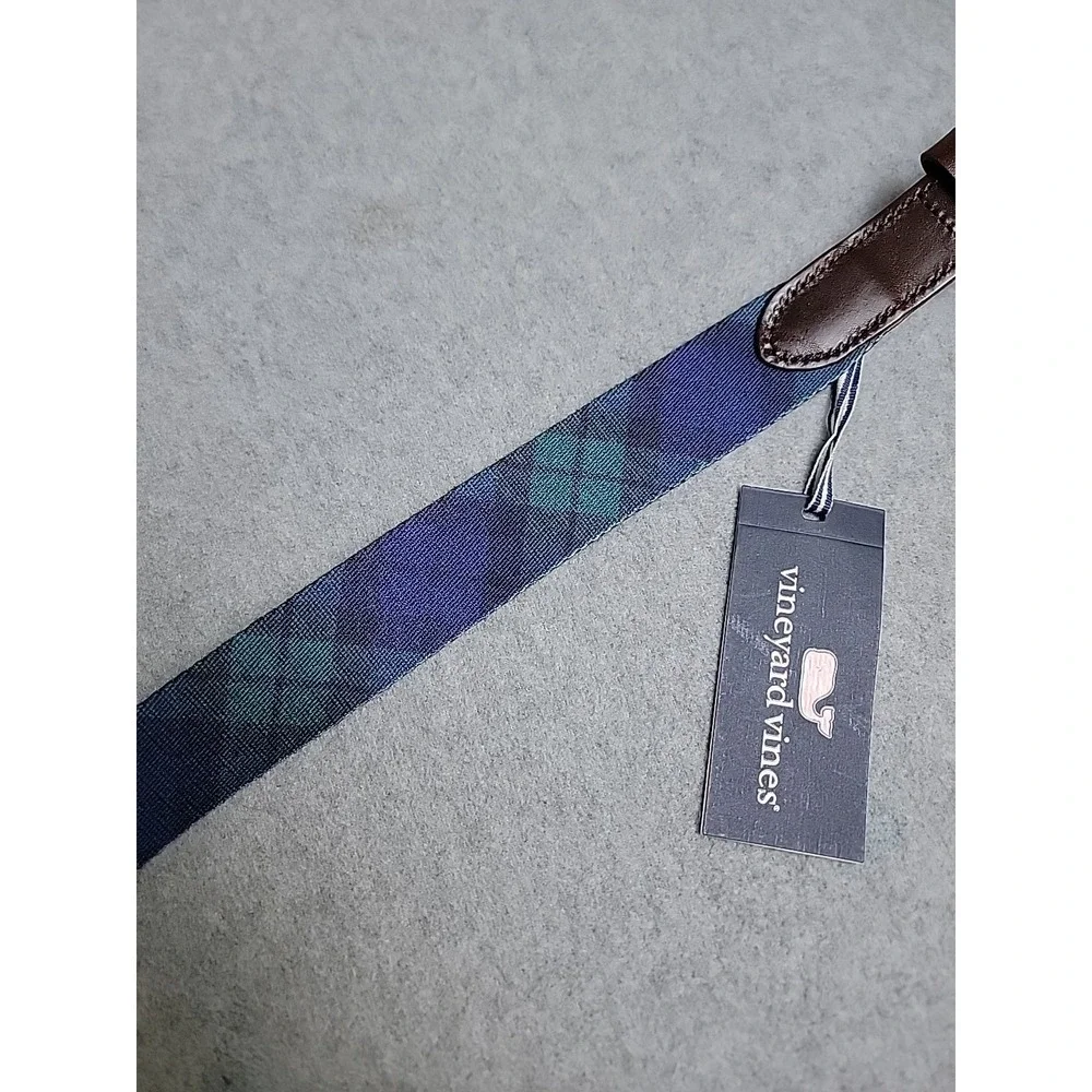 Vineyard Vines Belt Mens 30 Tartan Plaid Blue Green Leather Preppy Dad Whale NEW